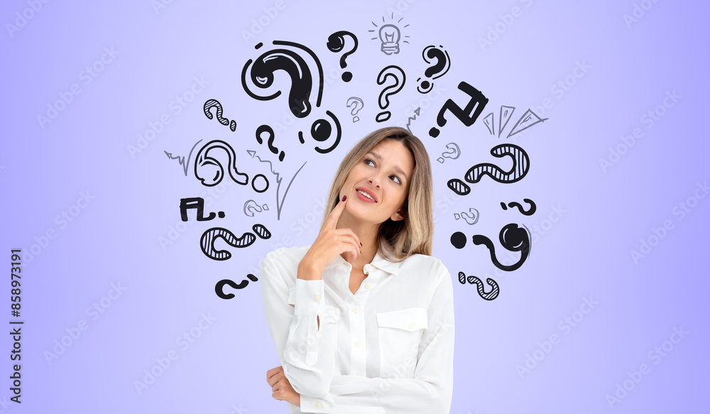 A thoughtful woman with hand-drawn question marks around her hea A thoughtful woman with hand-drawn question marks around her hea