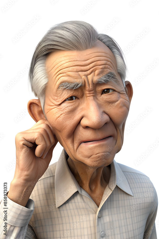 An elderly man with white hair touched his ears because she could not hear An elderly man with white hair touched his ears because she could not hear
