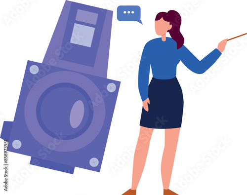 The girl is telling about the digital camera.