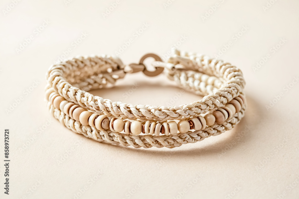 Close-up of a White Beaded Bracelet on a Beige Background Close-up of a White Beaded Bracelet on a Beige Background