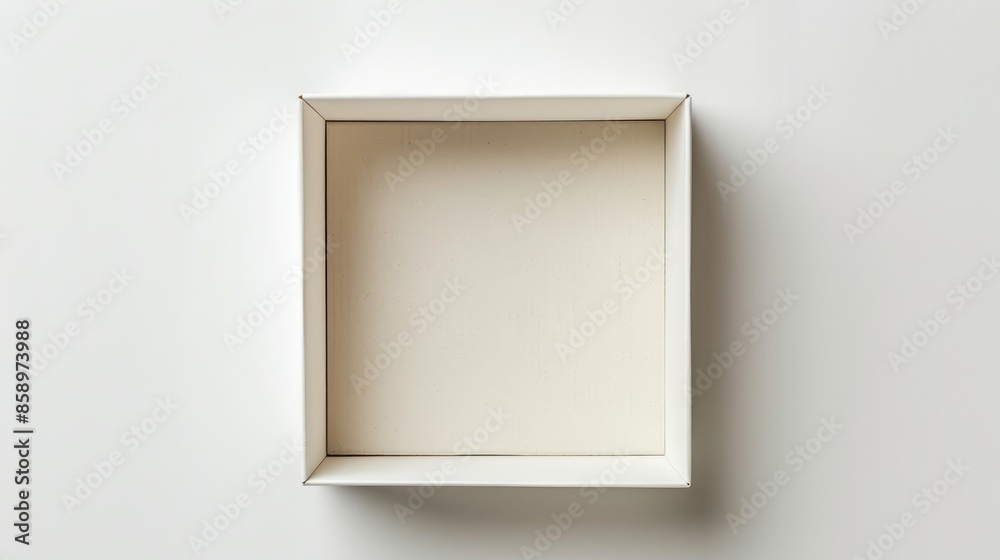 Detailed top view of an open white cardboard package, square container with pristine edges, highlighting clarity and color quality Detailed top view of an open white cardboard package, square container with pristine edges, highlighting clarity and color quality