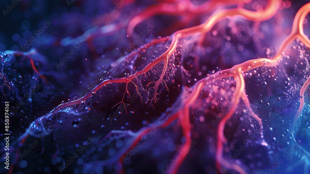 Obraz premium Digital representation of plant roots with visible moisture, integrated into a cyberspace background, highlighting detailed textures and vibrant hues