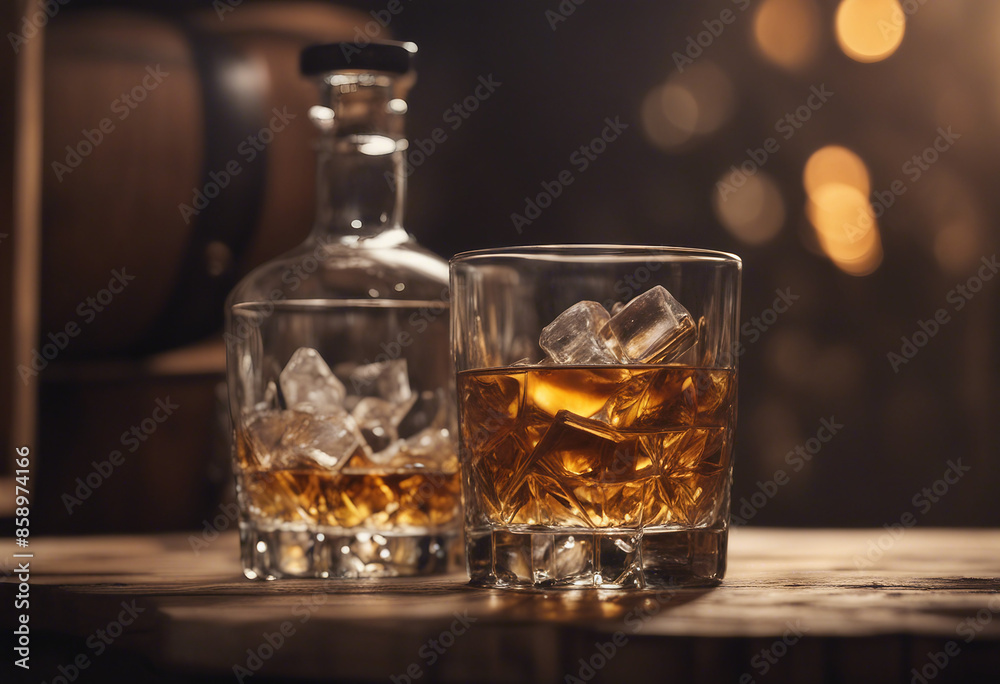 whisky glass with ice flakes on a wooden barrel and an unbranded, unwritten whisky bottle. whisky glass with ice flakes on a wooden barrel and an unbranded, unwritten whisky bottle.