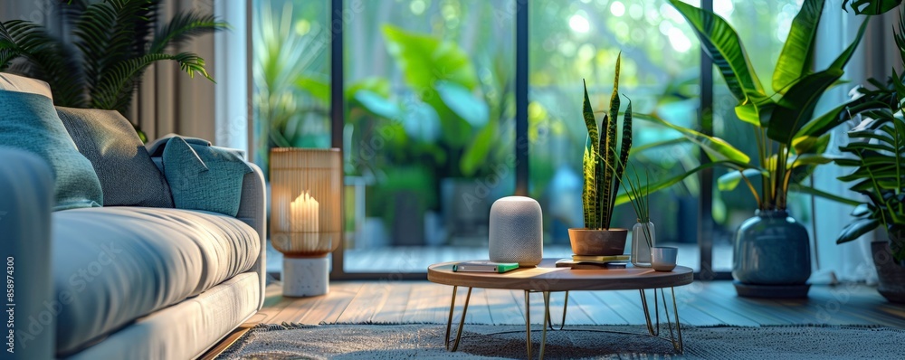 Fototapeta premium A smart speaker placed on a wooden table on a modern interior background. Smart speaker at home, smart device concept, Smart Home and Automation.