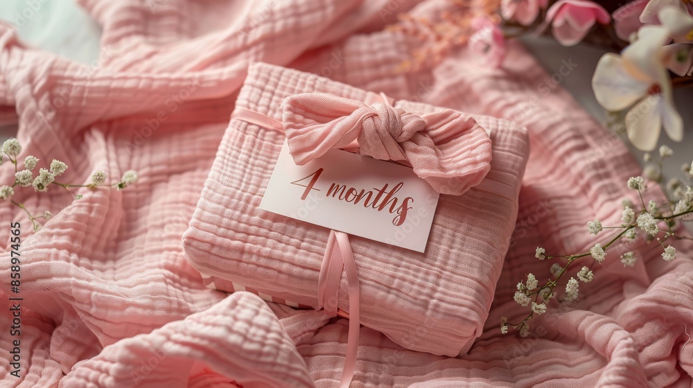 Card with the inscription 4 month lies on the bed with pink bedding in honor of the child's birthday. Four month old little girl baby. A postcard with congratulations for the parents of a small child. Card with the inscription 4 month lies on the bed with pink bedding in honor of the child's birthday. Four month old little girl baby. A postcard with congratulations for the parents of a small child.