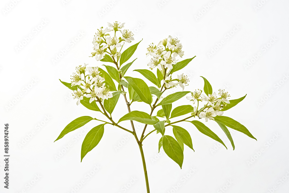 Obraz premium White Flowers and Green Leaves on a White Background