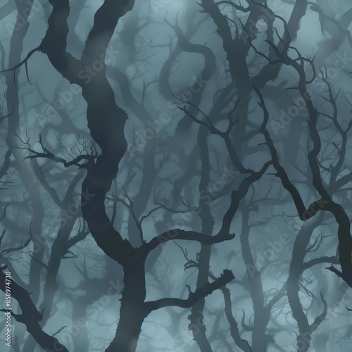 This image shows a dense forest with many trees, their branches silhouetted against a foggy background. The trees appear to be bare, with no leaves, and the fog obscures much of the forest floor. The  photo