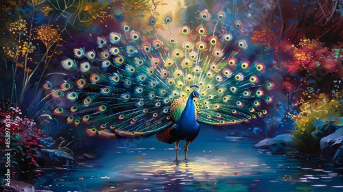 Peacock in a Fantasy Forest. photo