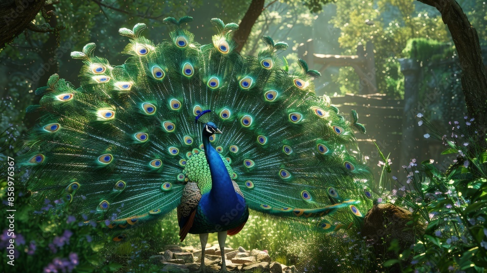 Obraz premium Majestic Peacock in a Lush Forest.
