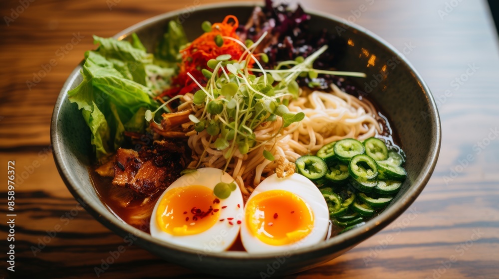 Tasty steaming bowl of ramen with various toppings Tasty steaming bowl of ramen with various toppings