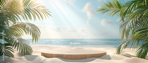 Beach podium summer background sand product 3D sea display platform empty podium copyspace banner stand scene sale sky holiday vacation stage water island sun travel pedestal promotion presentation ad