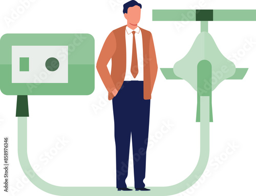 A boy is looking at medical equipment