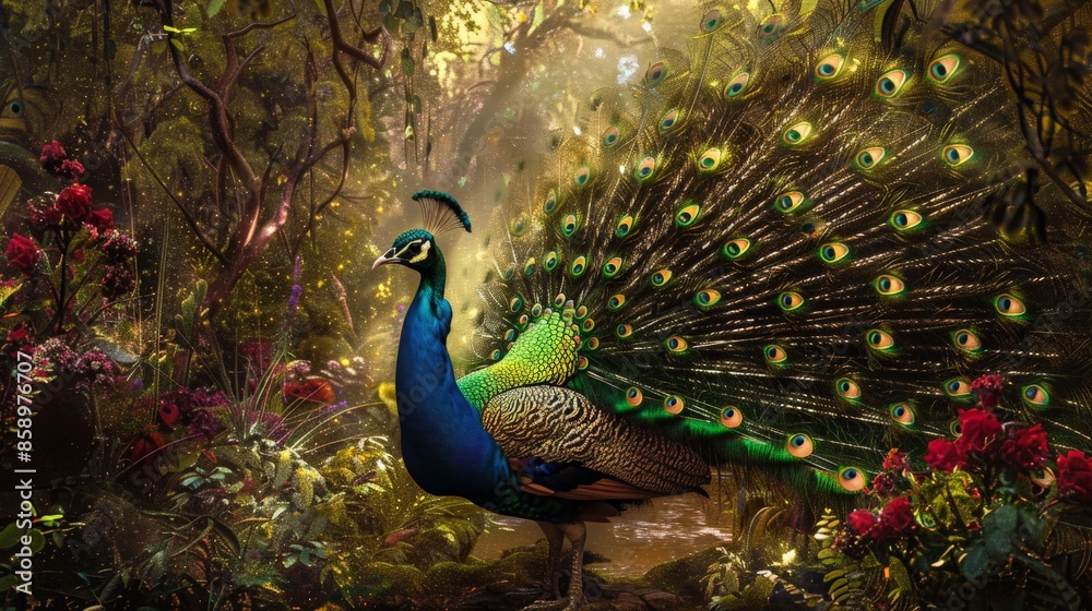Obraz premium Majestic Peacock in Enchanted Forest.