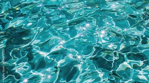 A close-up view of the surface of a swimming pool, showing the shimmering, turquoise water rippling gently. The sunlight reflects off the surface, creating a dazzling effect.