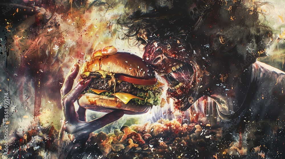 Surrealism A person eating a fast food burger, with their insides depicted as rotting and filled with junk, visualizing internal health deterioration