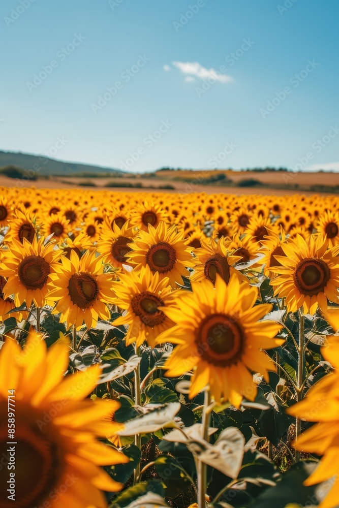Fototapeta premium Field of Golden Sunflowers Under a Clear Blue Sky