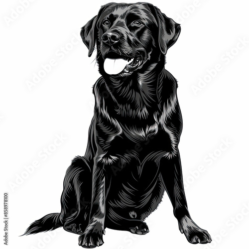 A black and white drawing of a labrador retriever dog