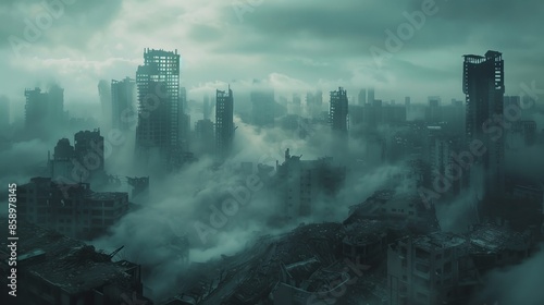Cityscape in ruins, bathed in the last moments of daylight, enveloped by misty clouds, transitioning into darkness, evoking desolation