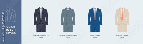 Vector Illustration of Various Suit Styles. Illustration showcasing four different suit styles: single-breasted, double-breasted, peak lapel, and shawl lapel. Includes guide text for easy reference.