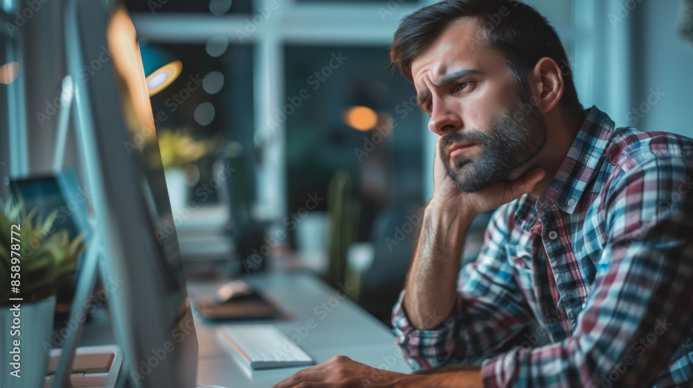 Fototapeta premium A man sits at his computer late at night with a stressed and pensive expression, indicating long hours of work and mounting pressure.