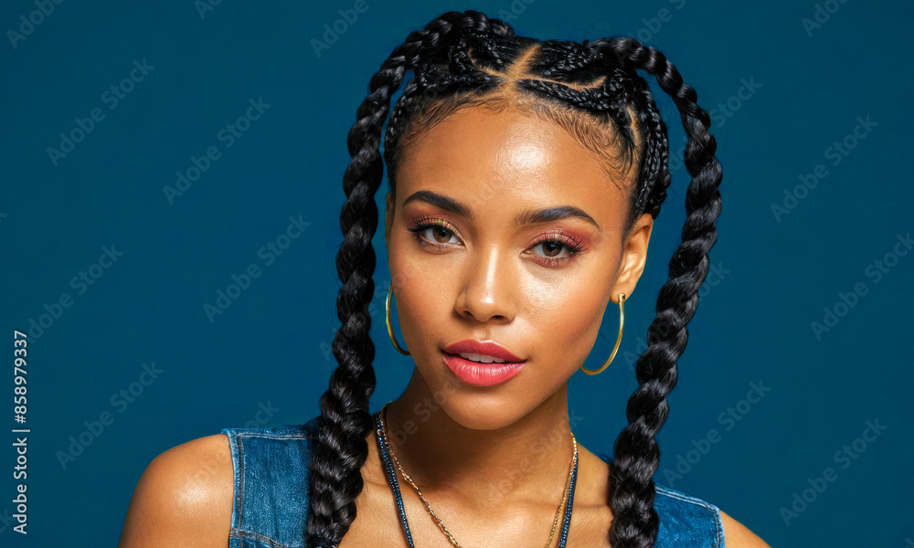 Stylish young african american woman with braids, isolated on dark blue background, showcasing modern fashion sense in casual sleeveless attire, vibrant color contrast Stylish young african american woman with braids, isolated on dark blue background, showcasing modern fashion sense in casual sleeveless attire, vibrant color contrast