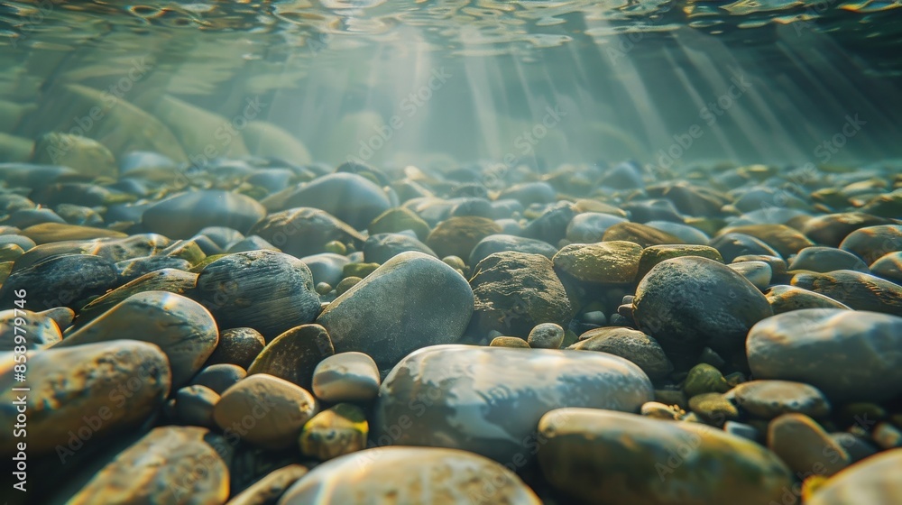 A close-up underwater photograph of smooth river rocks in a shallow stream. The water is clear and the sunlight shines through, creating a beautiful pattern of light and shadow on the rocks. A close-up underwater photograph of smooth river rocks in a shallow stream. The water is clear and the sunlight shines through, creating a beautiful pattern of light and shadow on the rocks.
