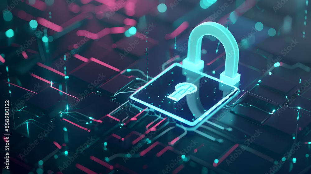 A futuristic digital padlock sitting on a glowing network grid signifies advanced cybersecurity and data protection technological advancements. A futuristic digital padlock sitting on a glowing network grid signifies advanced cybersecurity and data protection technological advancements.