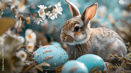 Easter bunny rabbit with blue painted egg on blue background. Easter holiday concept.  © Berkah