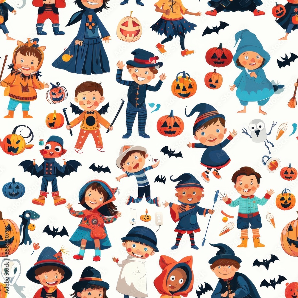 A vibrant, seamless pattern showcasing children in various Halloween costumes. The design features a diverse group of kids dressed as witches, vampires, ghosts, and more. There are also pumpkins, bats A vibrant, seamless pattern showcasing children in various Halloween costumes. The design features a diverse group of kids dressed as witches, vampires, ghosts, and more. There are also pumpkins, bats