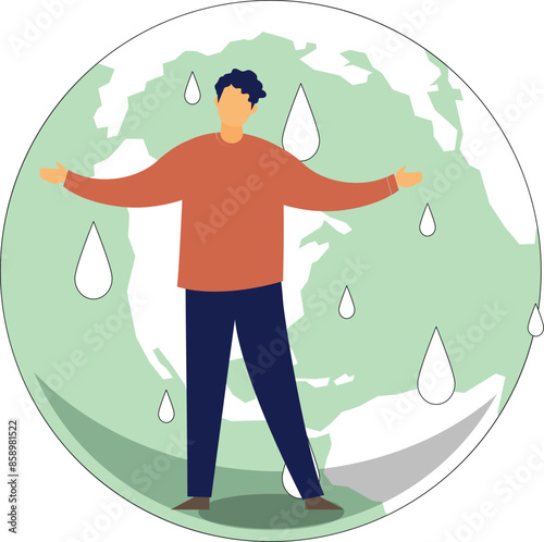 A boy is standing under global raindrops