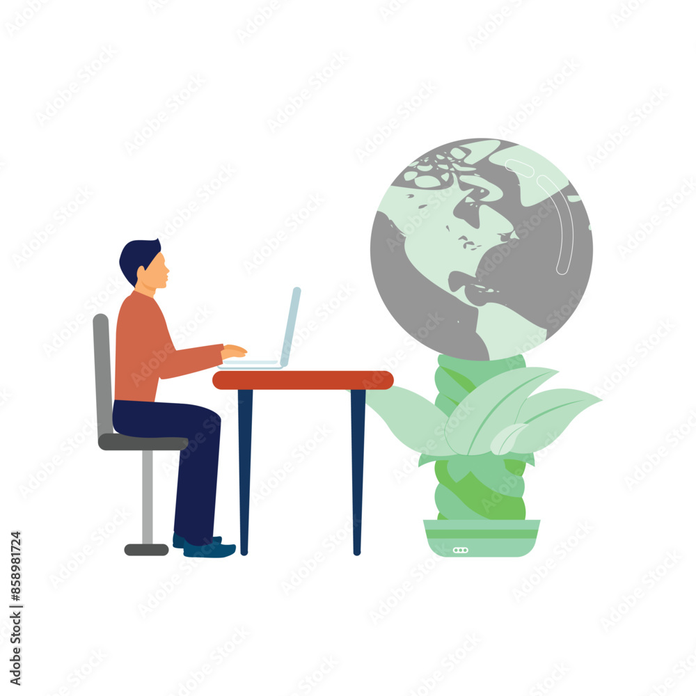 A boy is working about ecology on laptop A boy is working about ecology on laptop