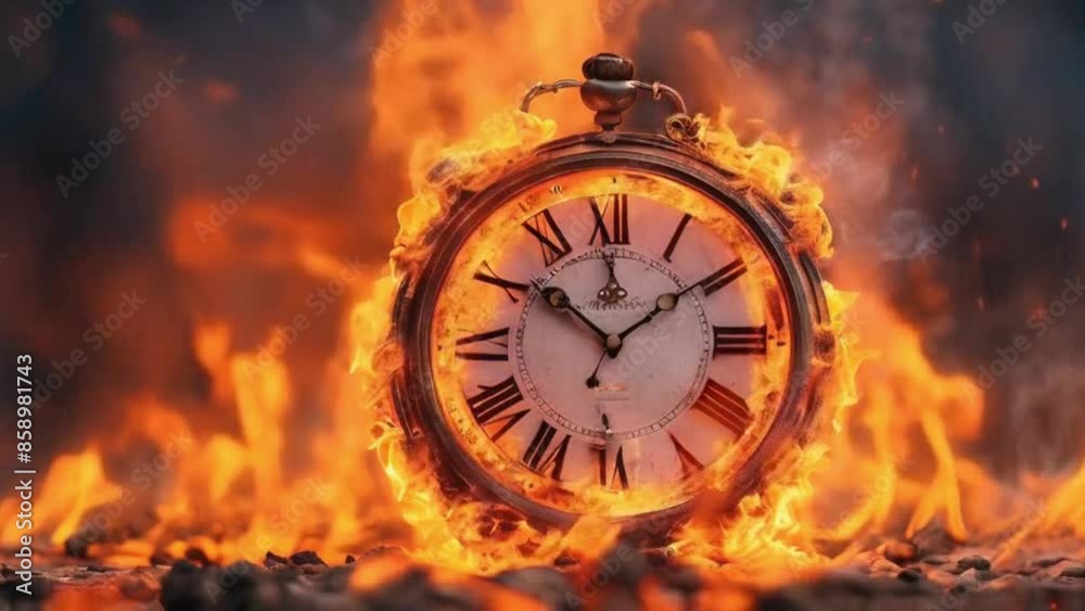 Clock on fire in the middle, time's burning end in fiery clock