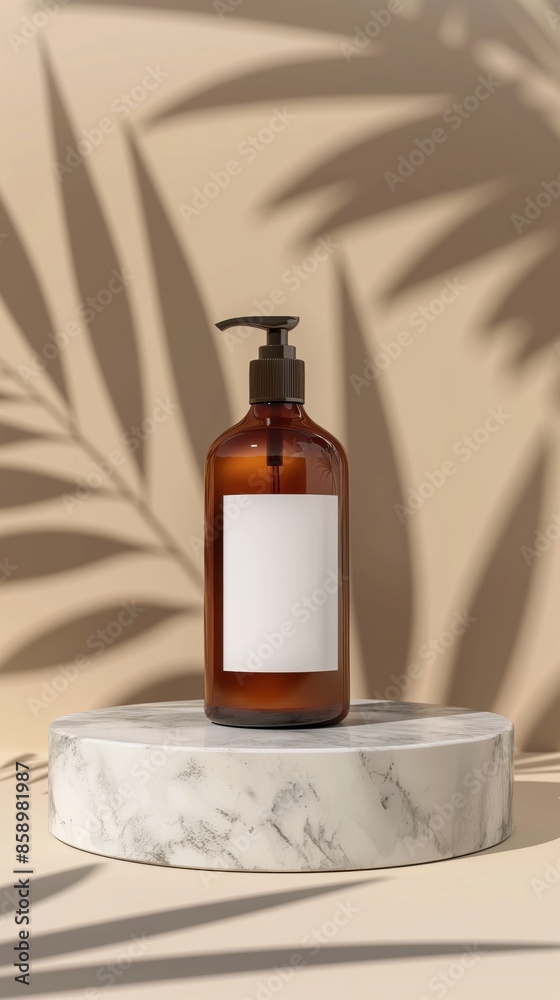 Brown bottle with blank white label mockup, shampoo or soap in round marble podium on beige background. Brown bottle with blank white label mockup, shampoo or soap in round marble podium on beige background.