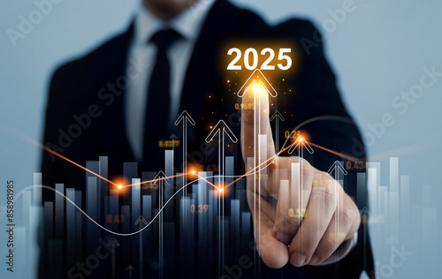 New opportunity, challenge and strategy in 2025. New plans,goals and visions in business for new year 2025. Increase chart arrow graph corporate business  future growth new year 2025.  photo