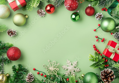 Festive Christmas Decorations on Lime Green Background (generative AI)