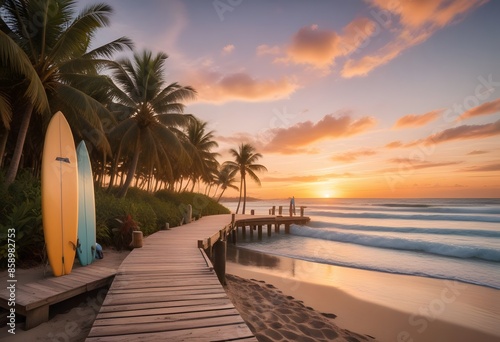 Surfboard on a beach resort sunset view