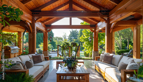 wood pavilion with gabled roof, outdoor seating and couches under gazebo photo