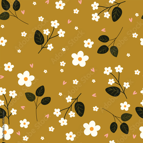Small white flowers, leaves, and  pink hearts on oliva background. Seamless pattern, vector illustration.	
