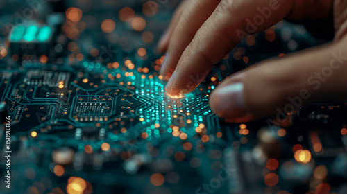 3D rendering. Closeup. CPU handle placed on motherboard of sci-fi background. Artificial intelligence CPU on circuit board. Production technology, processing