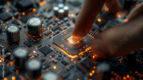 3D rendering. Closeup. CPU handle placed on motherboard of sci-fi background. Artificial intelligence CPU on circuit board. Production technology, processing