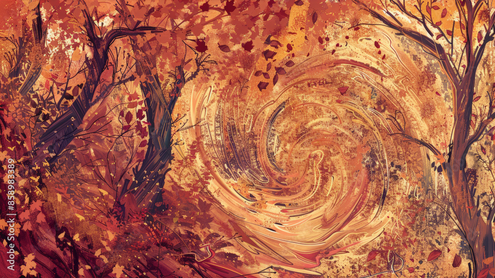 An abstract depiction of an autumn forest with swirling leaves and rich vibrant orange and red hues An abstract depiction of an autumn forest with swirling leaves and rich vibrant orange and red hues