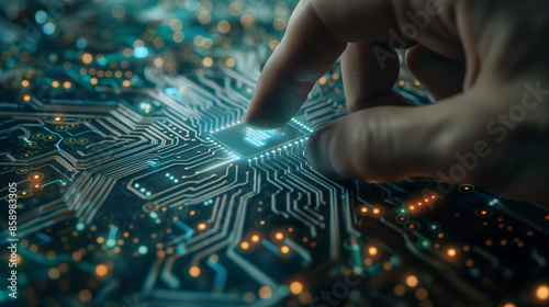 3D rendering. Closeup. CPU handle placed on motherboard of sci-fi background. Artificial intelligence CPU on circuit board. Production technology, processing