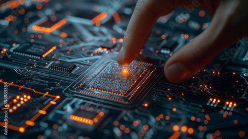 3D rendering. Closeup. CPU handle placed on motherboard of sci-fi background. Artificial intelligence CPU on circuit board. Production technology, processing