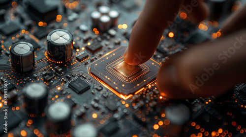 3D rendering. Closeup. CPU handle placed on motherboard of sci-fi background. Artificial intelligence CPU on circuit board. Production technology, processing