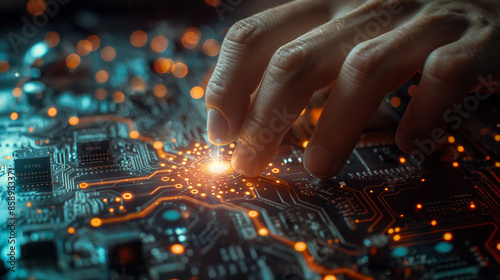 3D rendering. Closeup. CPU handle placed on motherboard of sci-fi background. Artificial intelligence CPU on circuit board. Production technology, processing