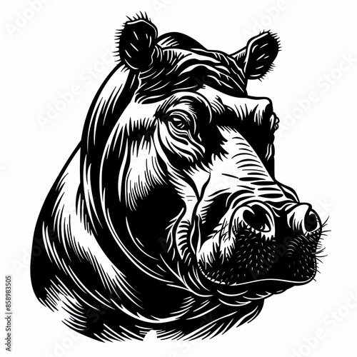 A black and white drawing of a hippopotamus 's head photo