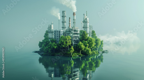 Industrial power plants with smokestacks in the middle of nature, trees, waterways, and smoke from the factory cause pollution and damage the environment.