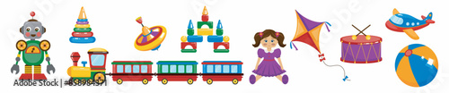 Children vector set of colorful toys. Robot, pyramid, toy train, whirligig, construction set, cubes, drum and doll. Baby toys on white background.