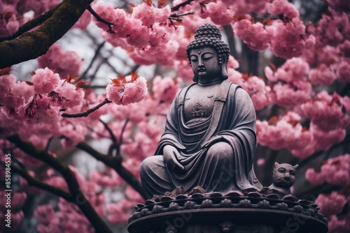 Serene buddha sculpture seated on blossoming tree branch, creating an elegant and peaceful scene