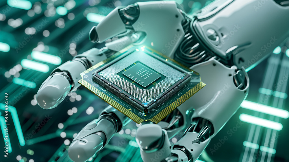 Fototapeta premium 3D rendering. Closeup. Robot's hand holding CPU of sci-fi background. CPU. Artificial intelligence on circuit board. Production technology